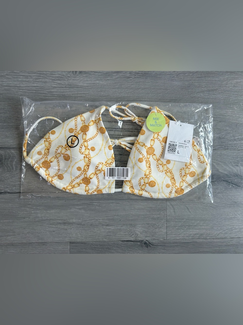 Forever 21 White Bikini Top with Gold Chain Print